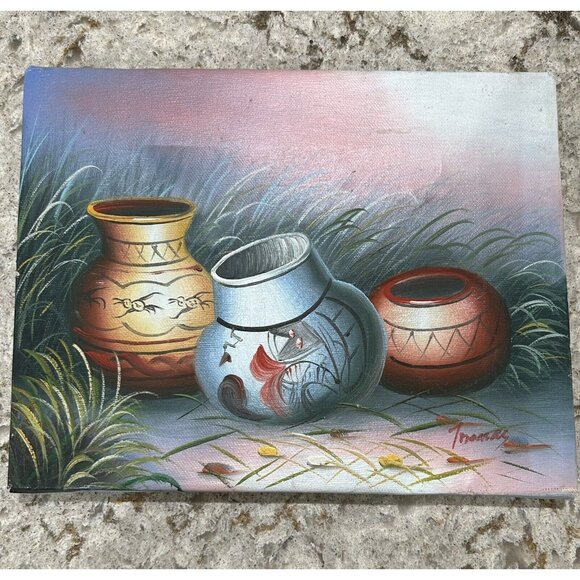 Vtg Native American Painting Indian Pottery Signed Thomas Southwestern Deco 10x8 - Picture 1 of 8